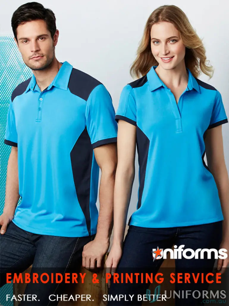 Matching blue and black polo shirts with contrast sleeve and y-line placket for modern fit