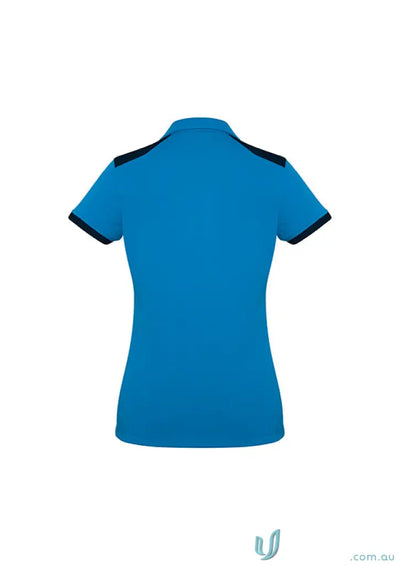 Blue polo shirt with contrast sleeves and modern fit for ISS (2 EMB) Ladies Polo