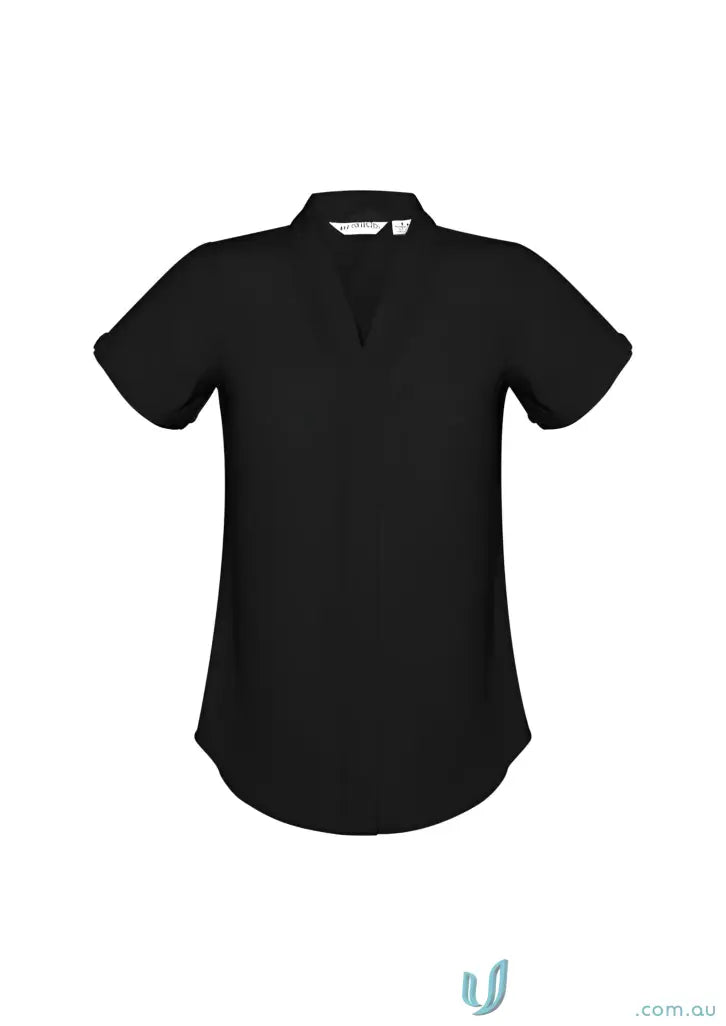 Madison short sleeve black women’s polo with V-neck and rolled cuffs from Biz Collection Madison