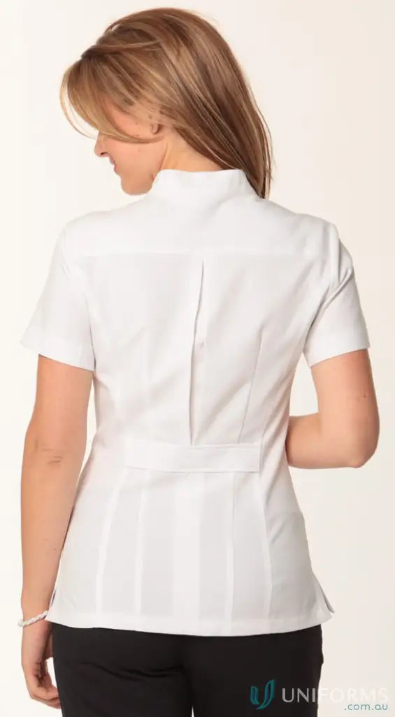 IWG EMB Ladies SS Tunic in white with stand-up collar, m8636s women’s, mechanical stretch fabric
