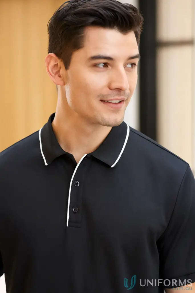 Iwg emb mens polo 2026 black shirt with white collar trim perfect for workwear and uniforms
