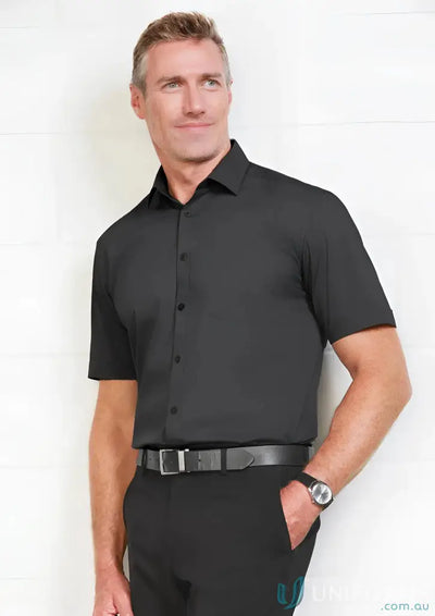 IWG EMB Mens SS Shirt in black with monaco short sleeves and modern narrow collar