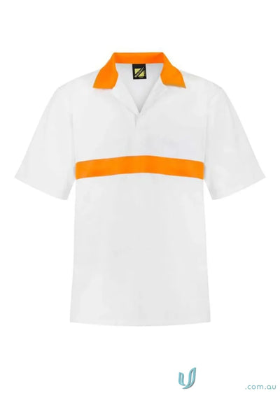 White polo with orange accents Jac Shirt contrast collar workwear for food prep staff
