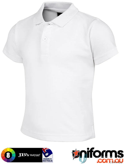 Plain white JB Infant 210 Polo shirt with two-button placket and herringbone tape for uniforms
