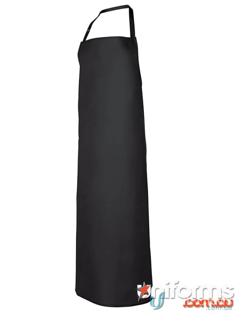 Black full-length vinyl bib apron with adjustable neck strap, perfect for work uniforms