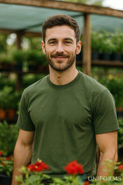 Man with beard wearing 1HTJBs Tee in classic fit crew neck green t-shirt