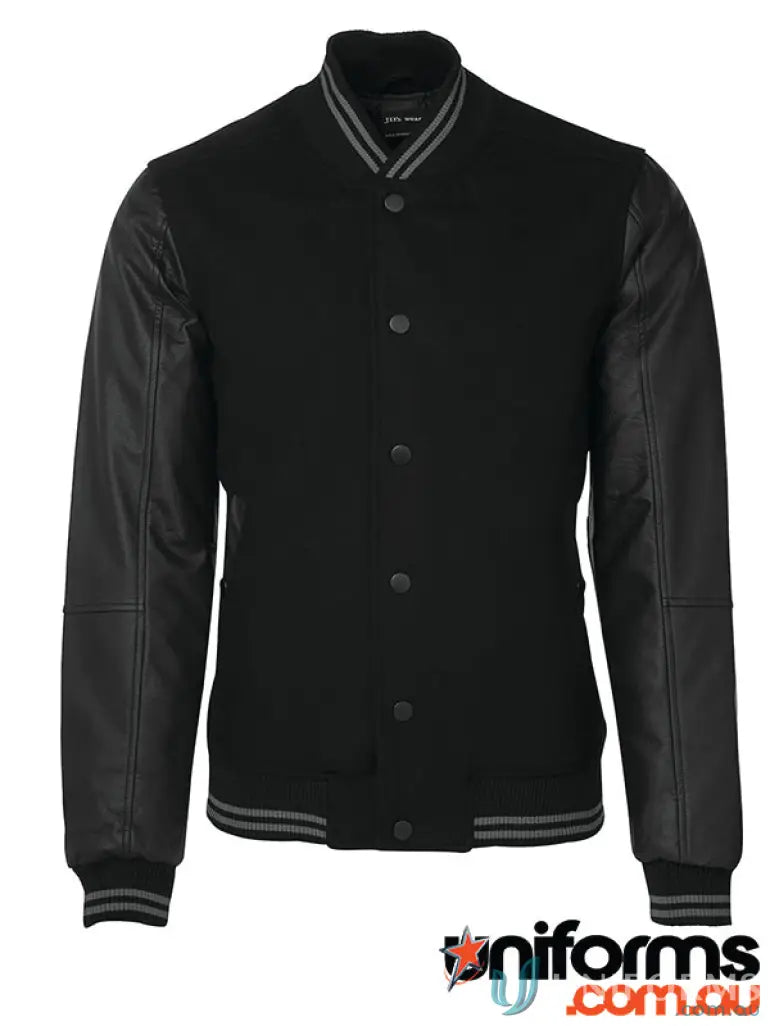 Black leather baseball jacket from JB’s Adults Art collection featuring style 3blj