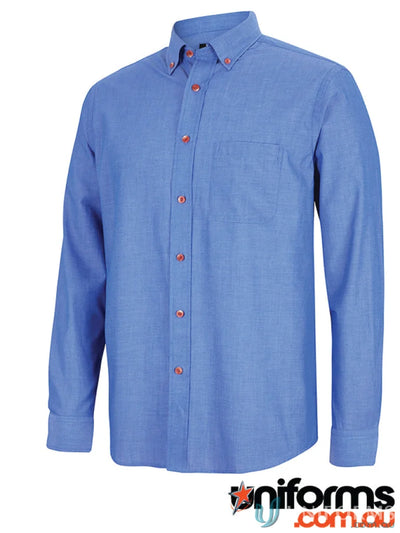 Blue long-sleeved button-down shirt made from indigo fabric blend for a stylish look