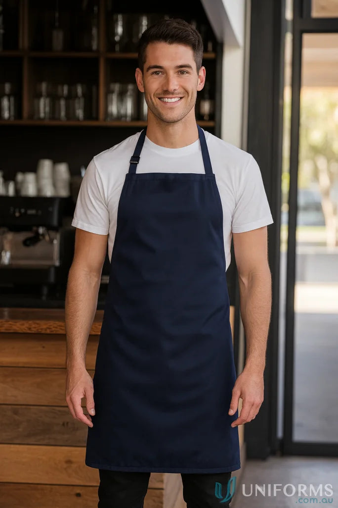Man in navy blue bib apron work uniforms JB’s Bib Apron Without Pocket 65X71