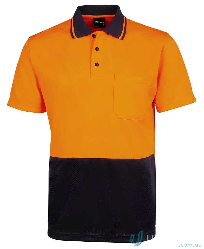 Orange and navy blue fabric JBs Breathable Jacquard SS Polo with chest pocket for 2XS uniforms