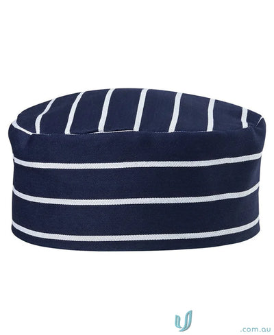 Navy and white striped chefs hat from JBs Chefs Cap, perfect workwear for chefs
