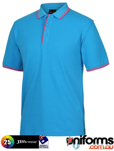 Blue JBs Contrast Polo with pink trim, made of pique knit fabric for sun protection