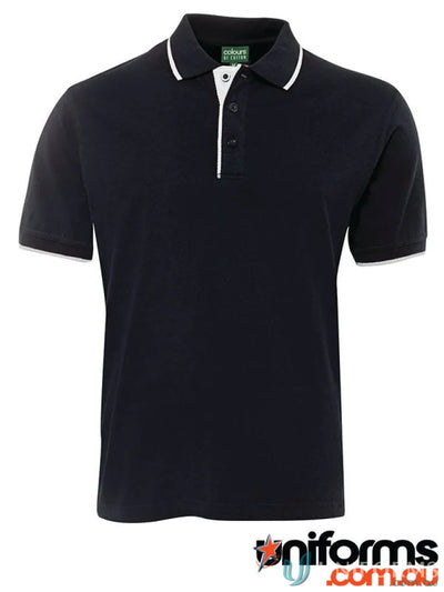 Black JBs Cotton Tipping Polo shirt with white trim, great for UPF protection