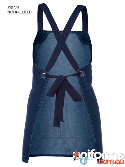 Stylish dark blue denim apron with crisscross back straps for work or casual wear