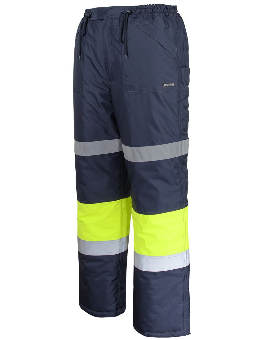 JBs Freezer Pants with tape: dark navy workwear with yellow reflective pile tape