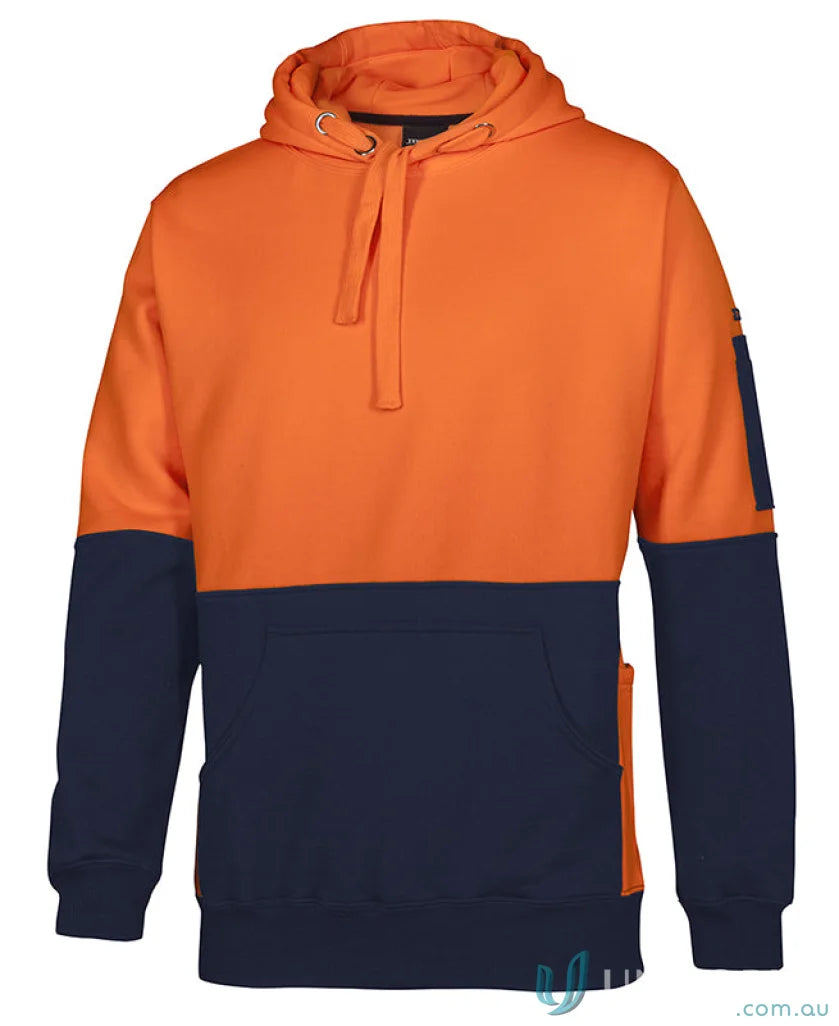 Two-tone orange and navy JBS HI VIS 330G hoodie with panel pocket for uniforms