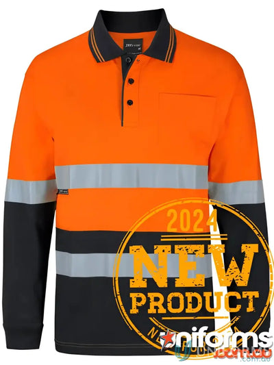 Orange and black long-sleeved hi-vis polo shirt for work uniforms and sizing info