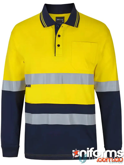 Yellow and navy Hi Vis polo shirt perfect for work uniforms and sizing specs