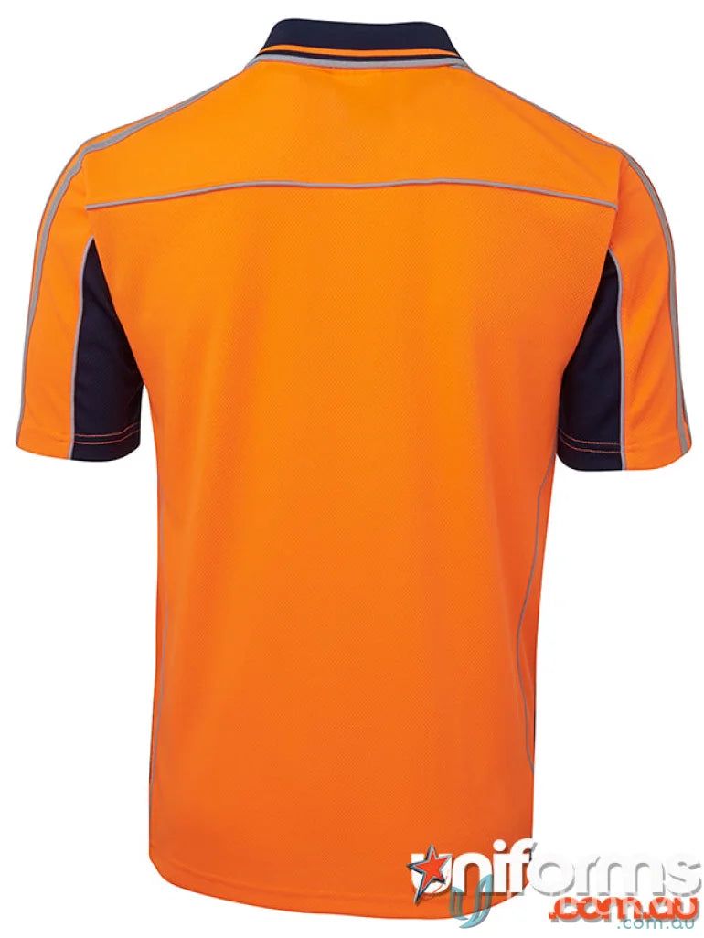 Orange and navy polo shirt fabric rich workwear perfect for uniforms at JBs Hi Vis S/S Arm Tape Polo