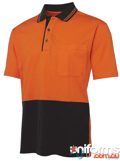 Orange and black short-sleeved polo shirt from JBS Hi Vis S/S Cotton Polo, perfect workwear and uniforms