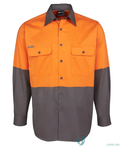 Orange and gray JBs HiVis LS Light Work Shirt with collar, perfect for 9XL uniforms
