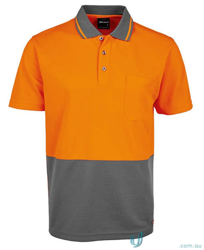 Orange and gray short-sleeved polo shirt from JBs HiVis Non Cuff Polo line, ideal for infant sizes
