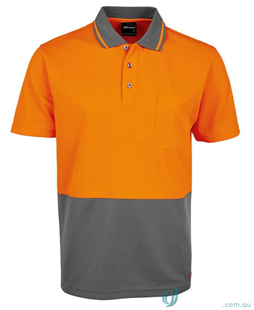 Orange and gray short-sleeved polo shirt from JBs HiVis Non Cuff Polo line, ideal for infant sizes