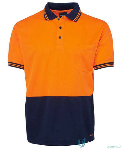 Two-tone orange and navy fabric polo shirt in JBs HiVis S/S Traditional Polo, size 2XS with lime accents