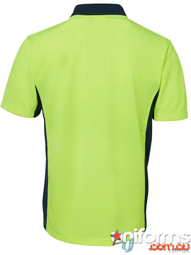 Lime green and navy blue JBS HiVis Sport Polo fabric ideal for uniforms and workwear
