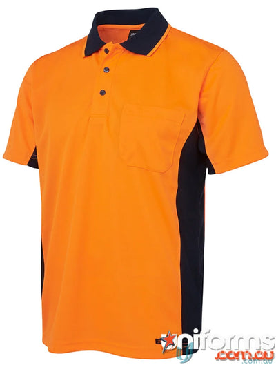 Orange and navy JBS HiVis Sport Polo shirt made from comfy fabric, perfect for workwear or uniforms
