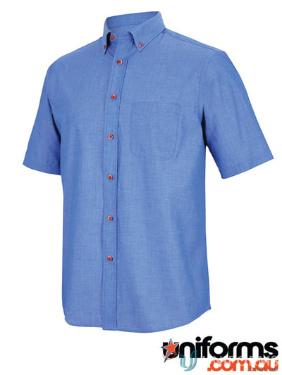 JBS Indigo Chambray SS Shirt with tortoise shell buttons and reinforced chest pocket