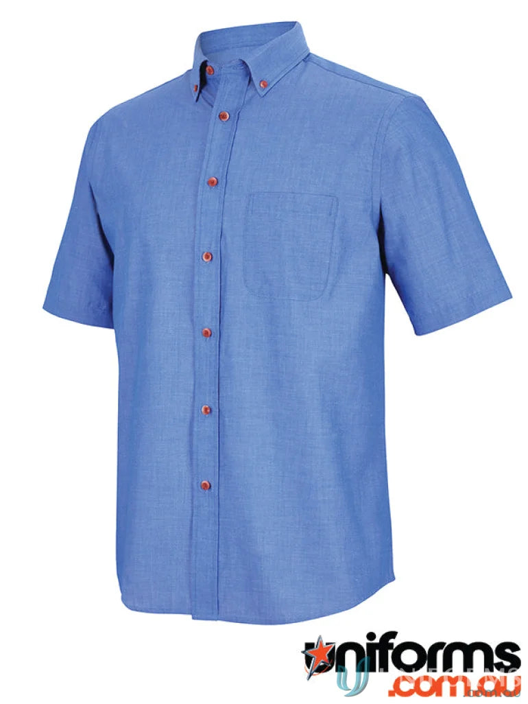 JBS Indigo Chambray SS Shirt with tortoise shell buttons and reinforced chest pocket