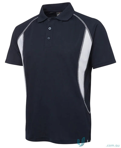 Navy blue JBs Insert Poly polo shirt with white mesh side panels and podium cool moisture-wicking pique knit fabric