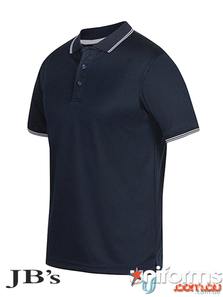 Navy blue JB’s Jacquard Contrast Polo with stay cool white striped collar and cuffs