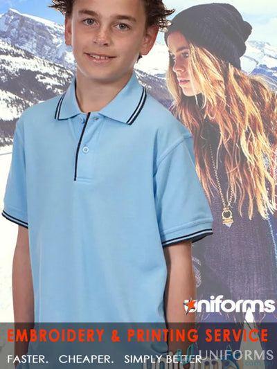 Light blue kids contrast polo shirt with reinforced herringbone tape from JBs Kids Contrast Polo