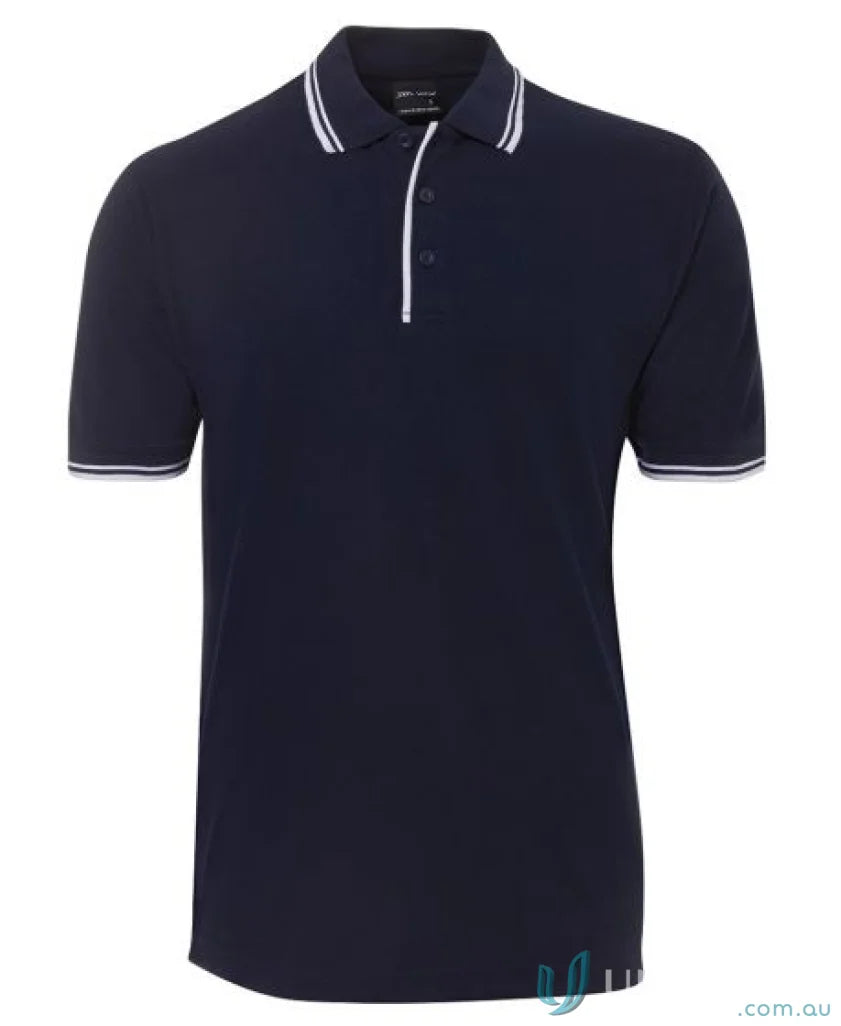 Navy kids contrast polo shirt with white trim and reinforced herringbone tape - JB’s Kids Contrast