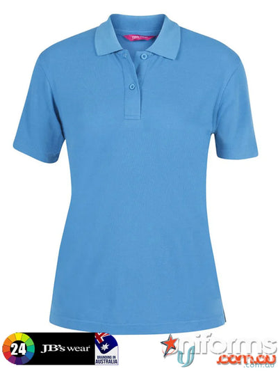 Light blue short-sleeved ladies bright 210 polo with classic collar and button placket ideal for work uniforms and workwear