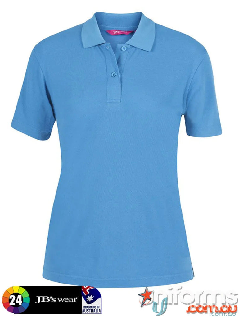 Light blue short-sleeved ladies bright 210 polo with classic collar and button placket ideal for work uniforms and workwear