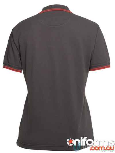 Gray polo shirt with red trim from JB’s Ladies Contrast Polo collection, 210gsm pique knit