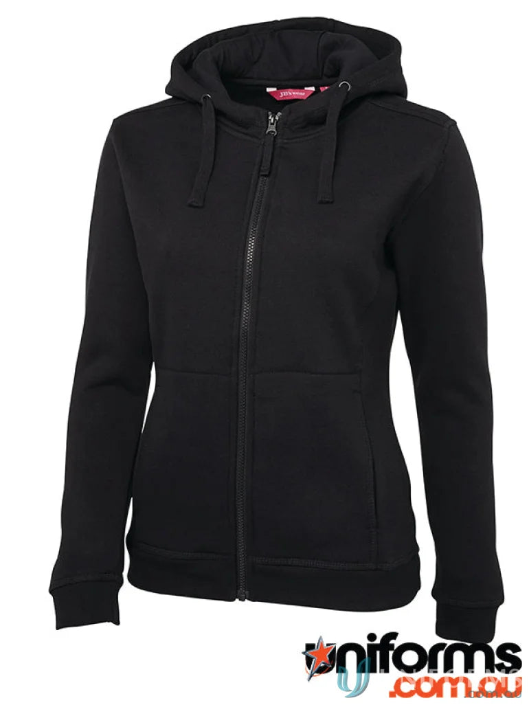 Black zip fleecy hoodie from JBs Ladies with a fully lined hood and zip-up style