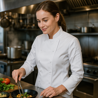 JBs Ladies LS snap button chef jacket with white double-breasted closure