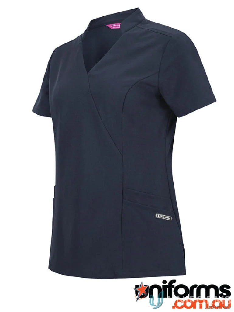 Navy blue ladies nu mandarin collar scrub top with princess lines from JB’S Ladies Nu Mandarin collection