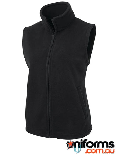 Black JBs Ladies Polar Vest made of 290gsm low-pill polar fleece with full zipper