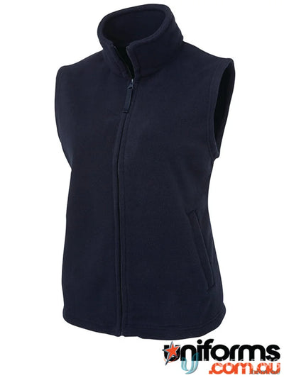 Dark blue JBs Ladies Polar Vest with full zip, side pockets, made of 290gsm low-pill polar fleece