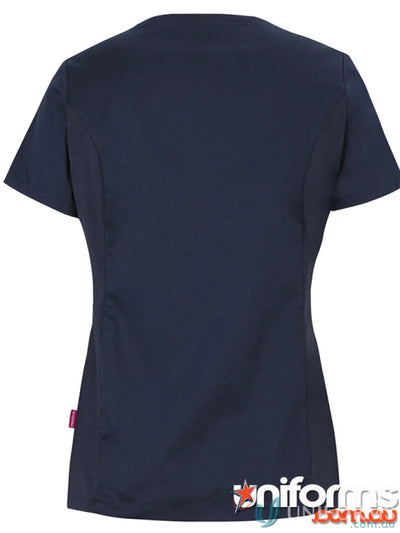 Navy blue ladies premium stretch panel scrub top made with 160gsm twill fabric