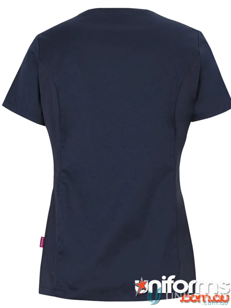 Navy blue ladies premium stretch panel scrub top made with 160gsm twill fabric