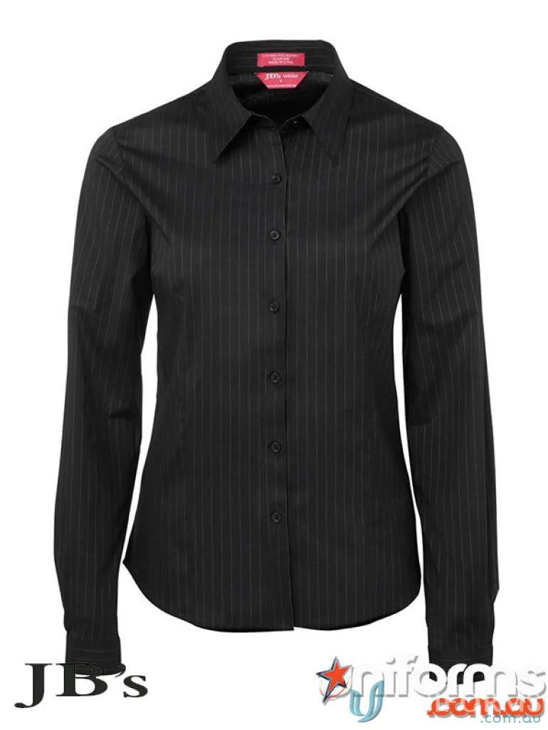 Black pinstripe button-down shirt from JBs Ladies Urban LS Shirt, perfect for workwear or uniforms