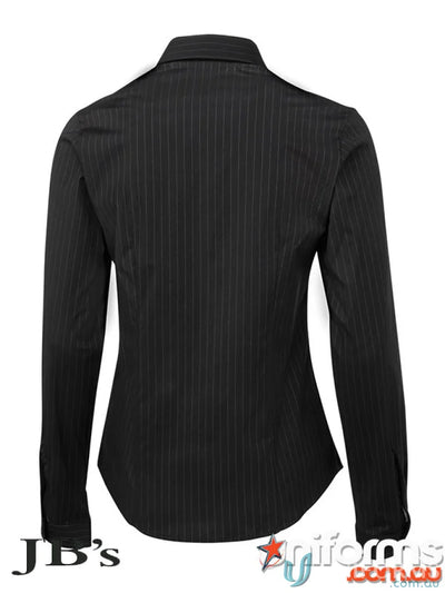 Black pinstripe long-sleeved shirt from JBs Ladies Urban LS Shirt, perfect workwear or uniforms