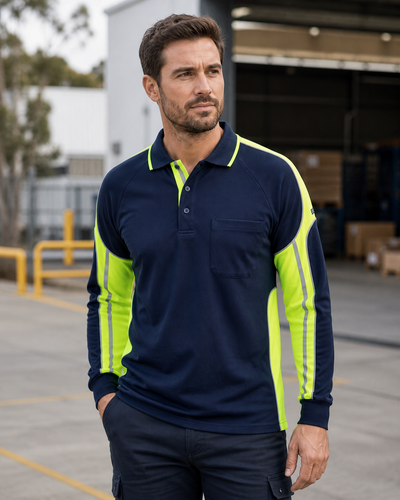 Male model wearing navy and lime JB's long sleeve Street Panel Polo