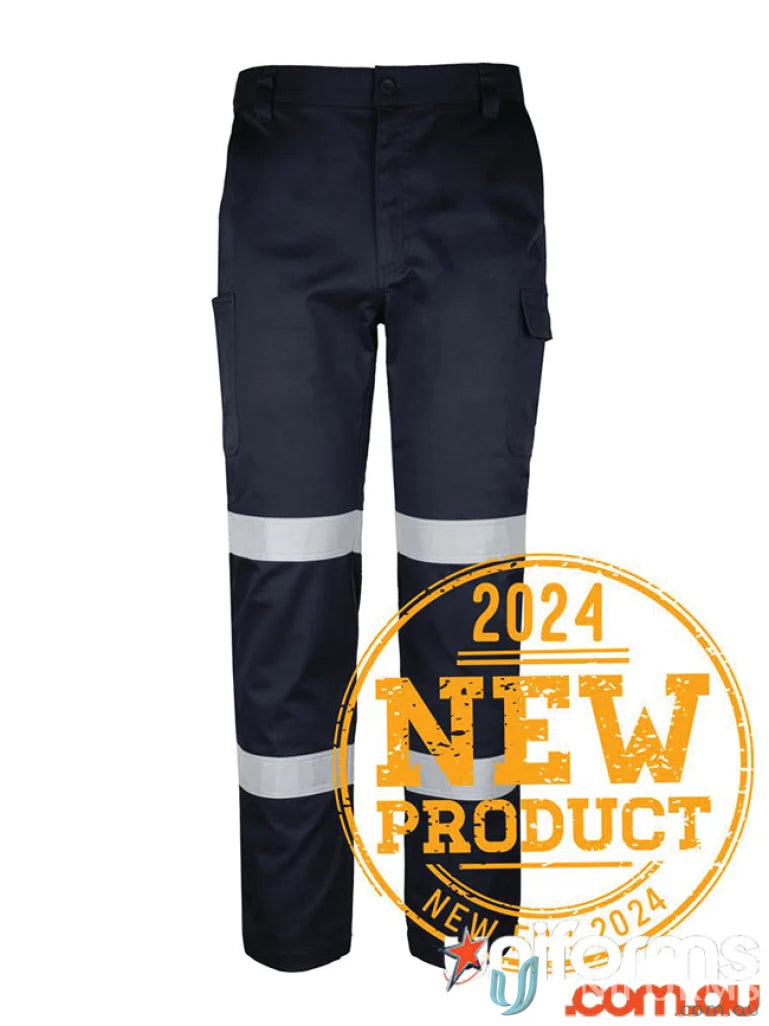 Navy stretch twill pants with cargo pockets and reflective tape safety gear